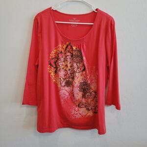 NWOT Coral Blouse Top Graphic Print Scoop Neck 3/4 Sleeves Women's Size XL